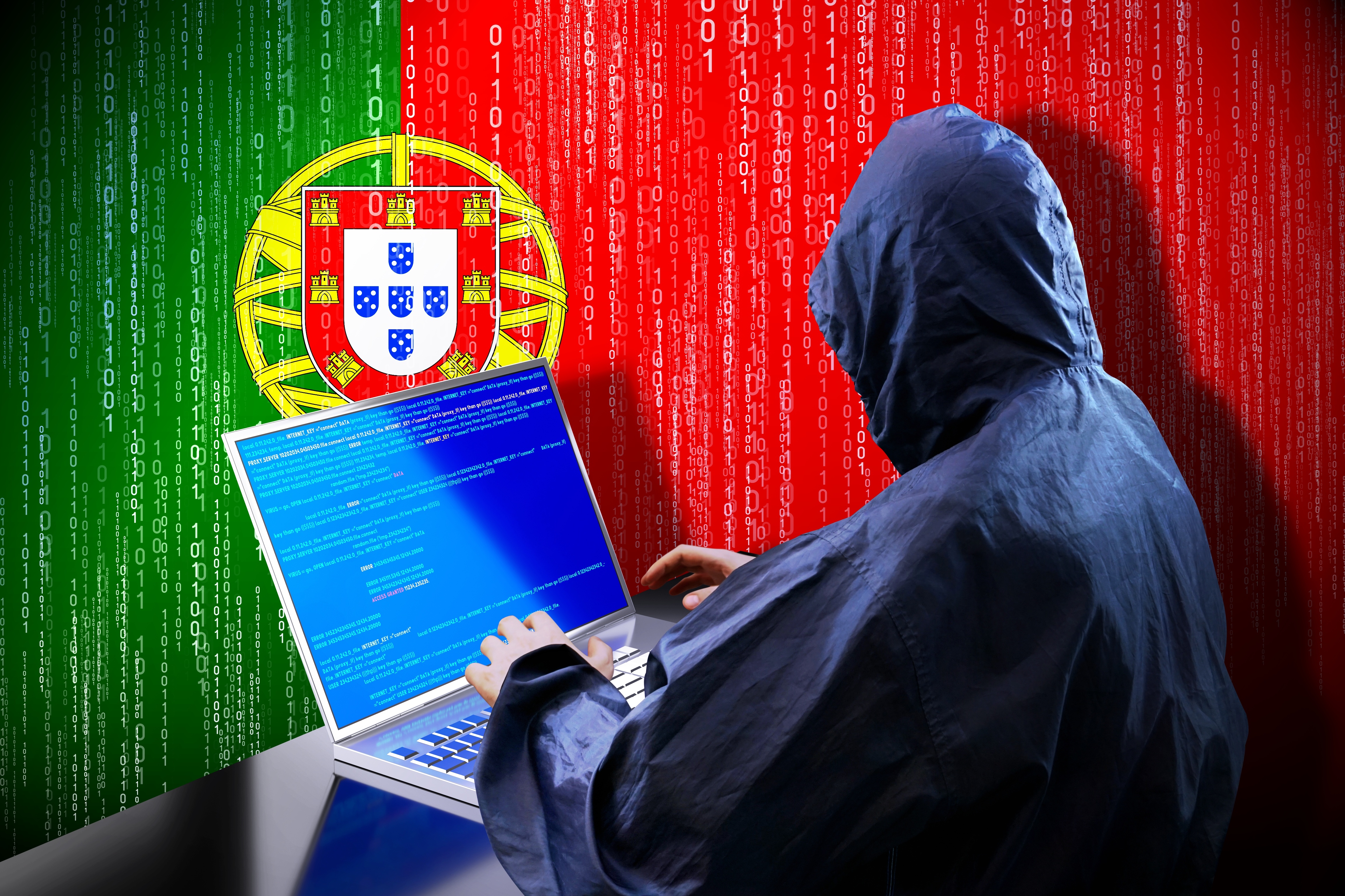An image showing a hacker using a laptop PC against the backdrop of the Portuguese flag.