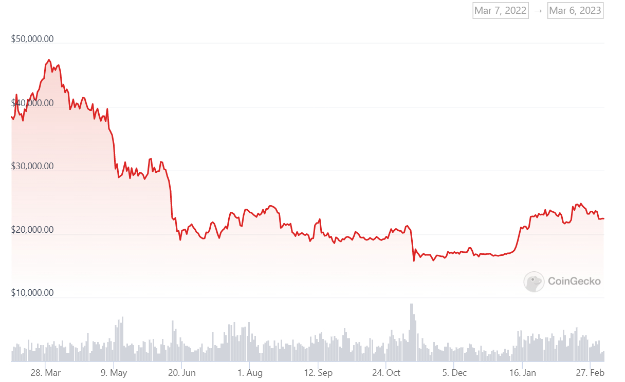 A graph showing Bitcoin prices over the past 12 months.