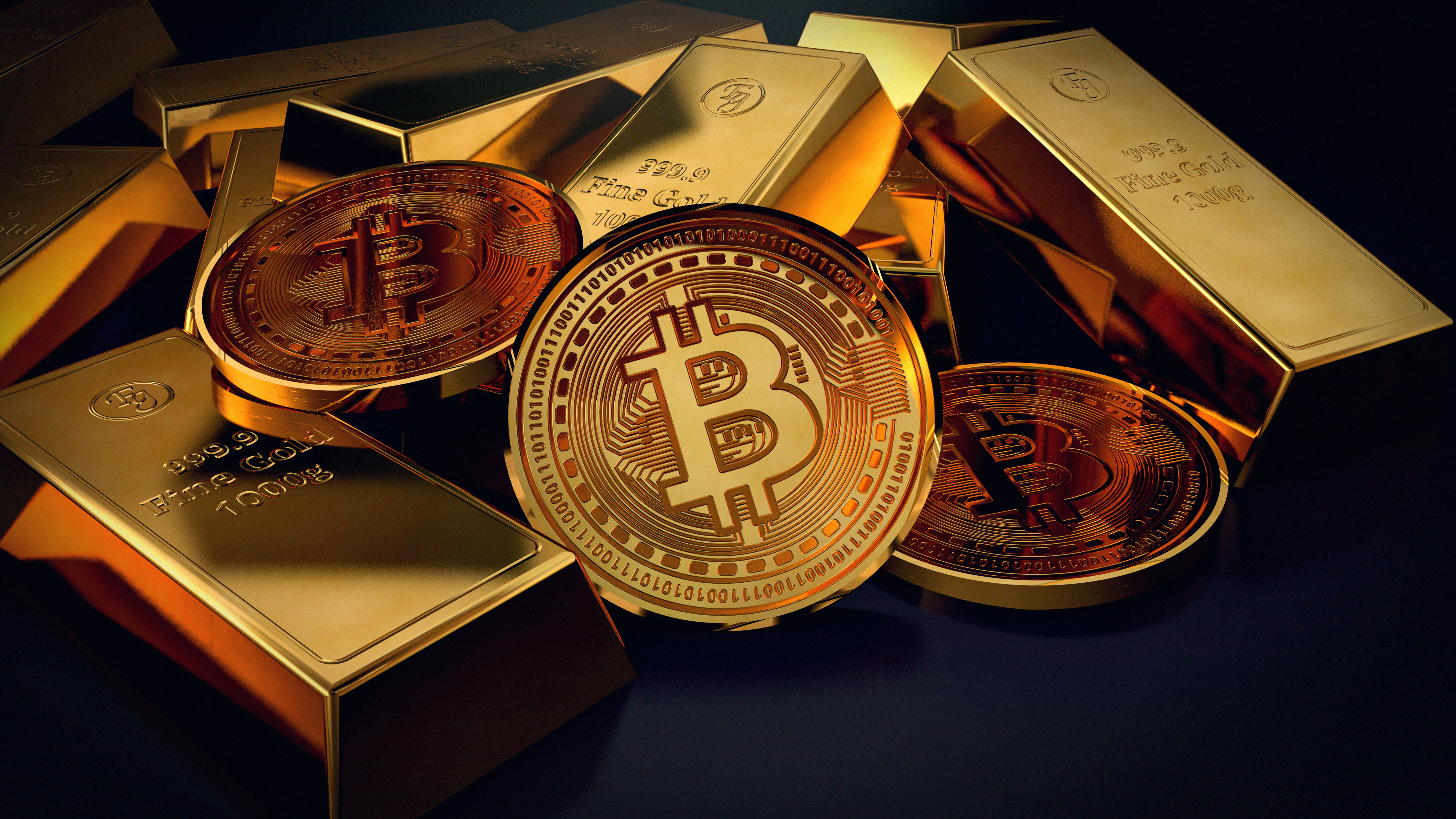 Several coins, representing Bitcoin tokens, in a pile, mixed with gold bars.