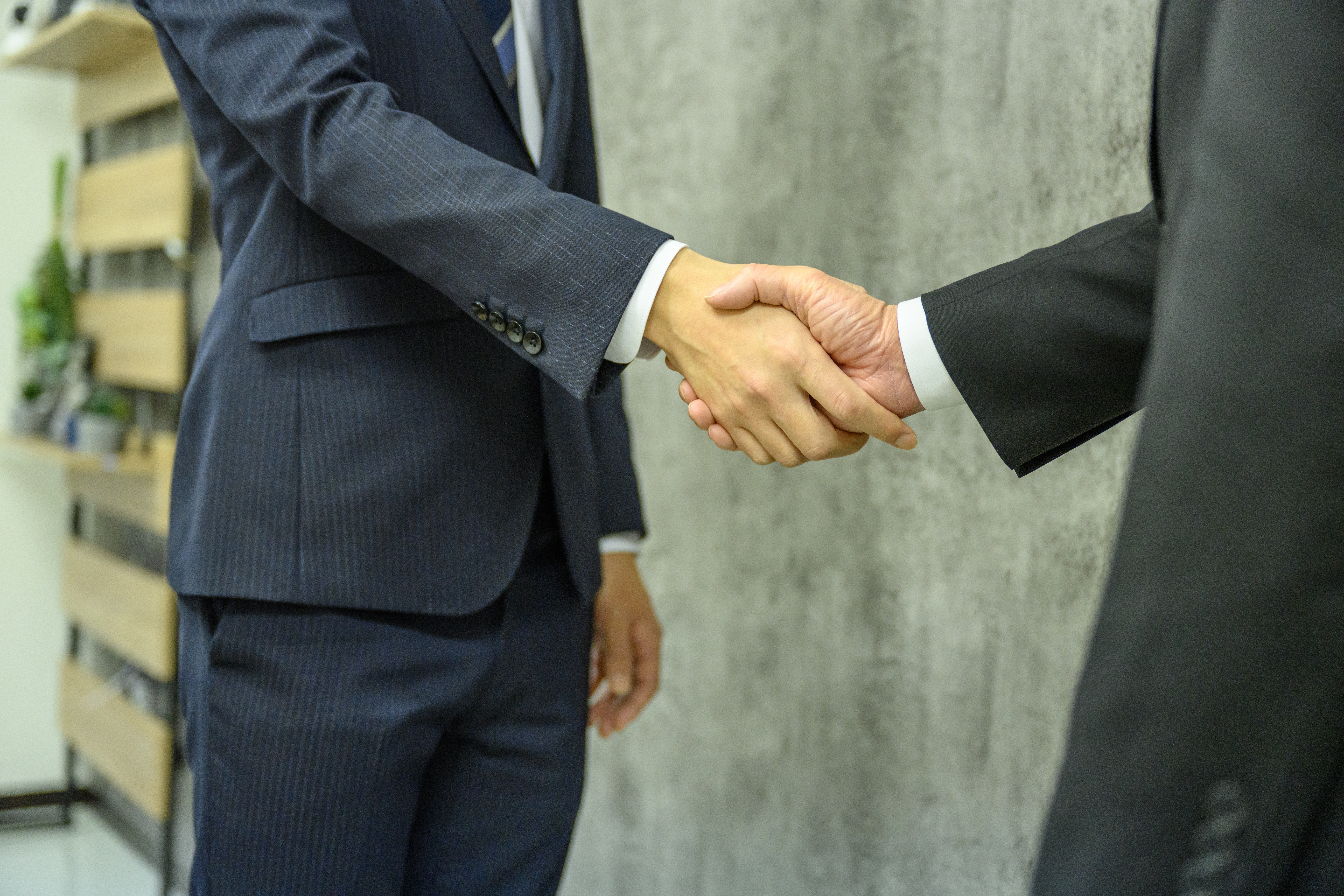 Two people dressed in suits shake hands.