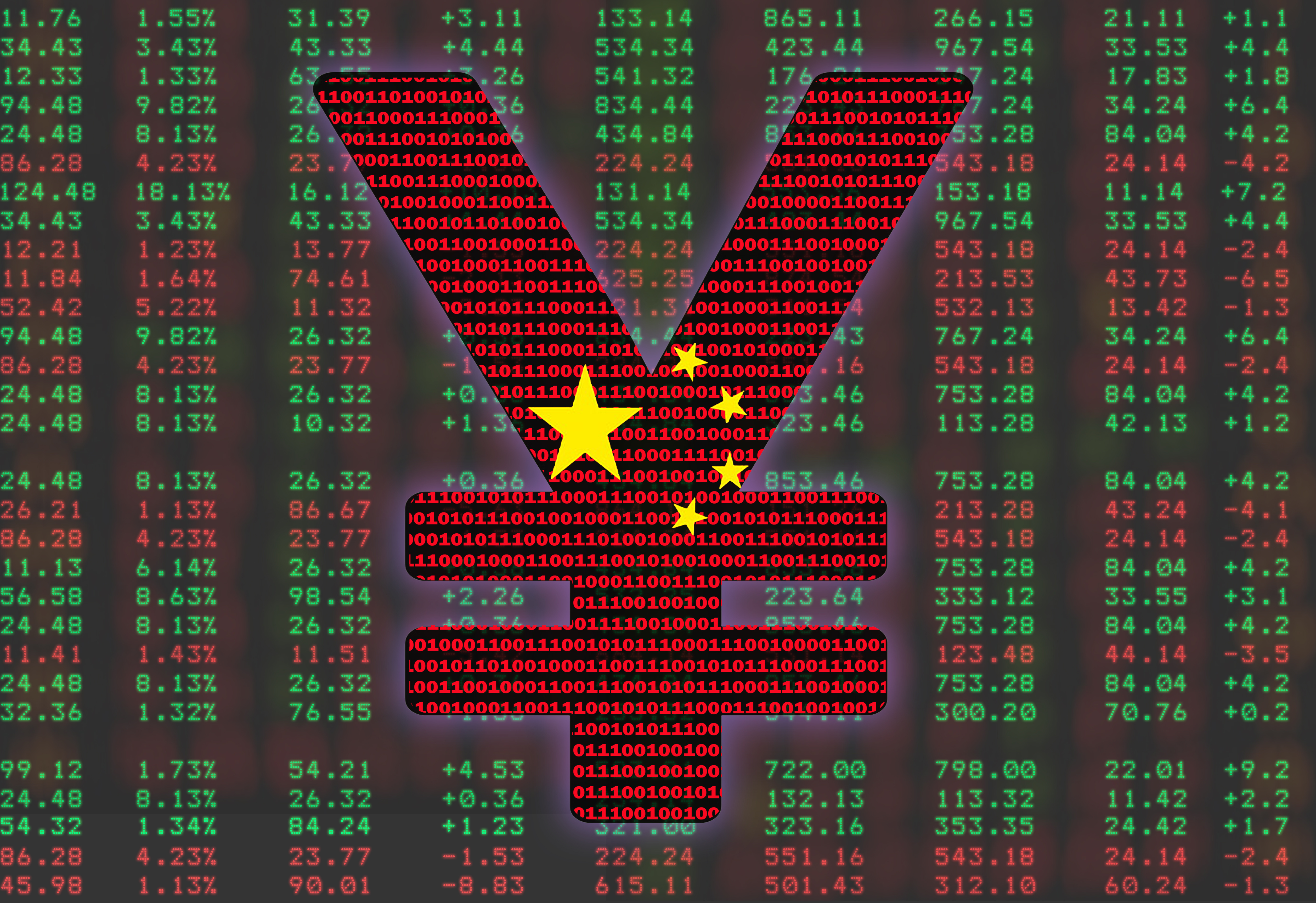 The yuan sign against a background showing changing prices on a digital board. The yuan sign is decorated with binary code.
