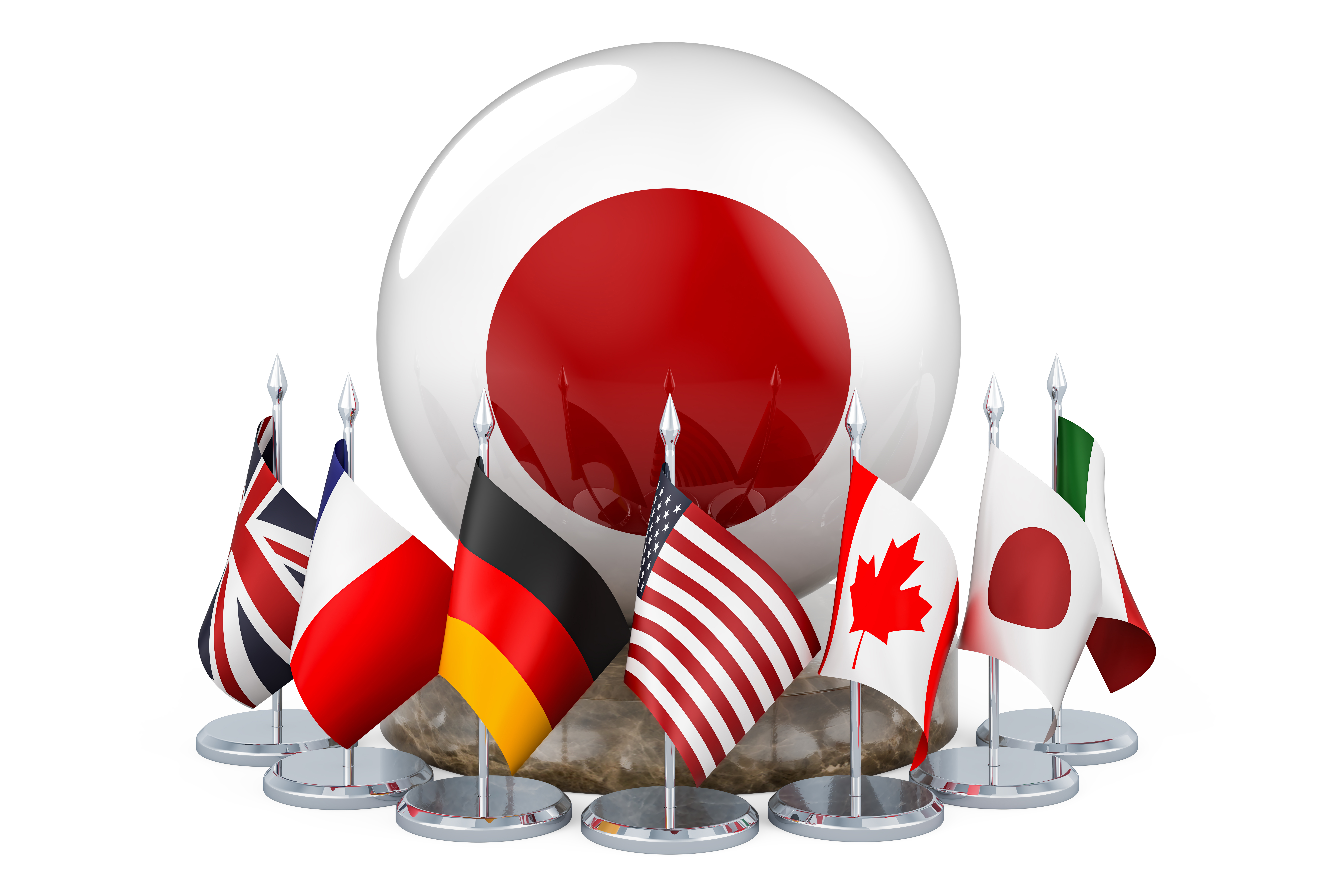 G7 ülkelerinin bayrakları, Japon bayrağının renkleriyle süslenmiş bir kürenin etrafında.