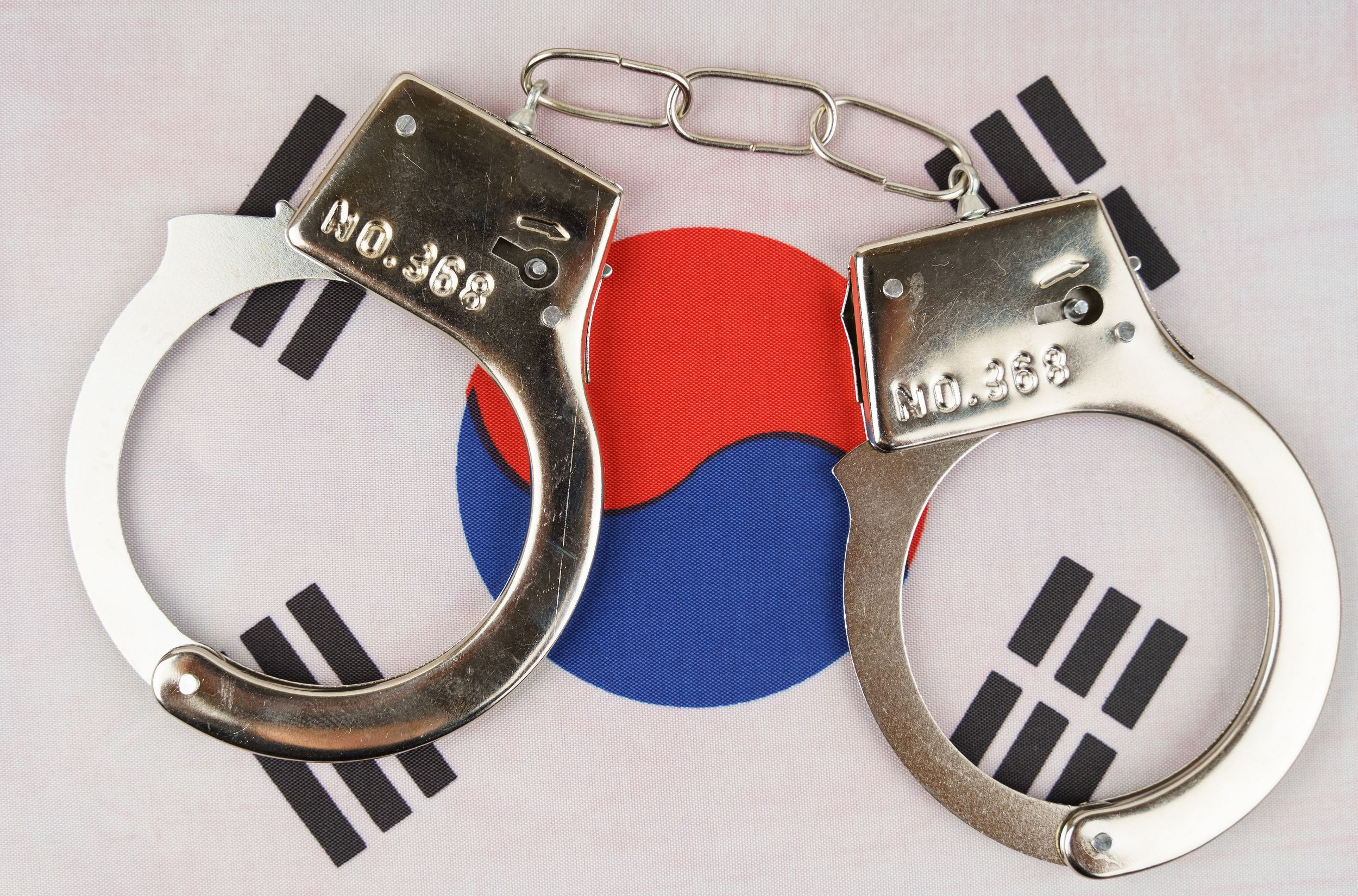 Bir çift kelepçe Güney Kore bayrağına dayanıyor.