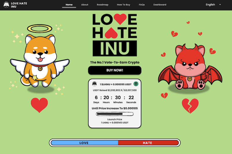Ny meme coin Love Hate Inu rejser $2M i forsalg - 4 dage til næste prisstigning