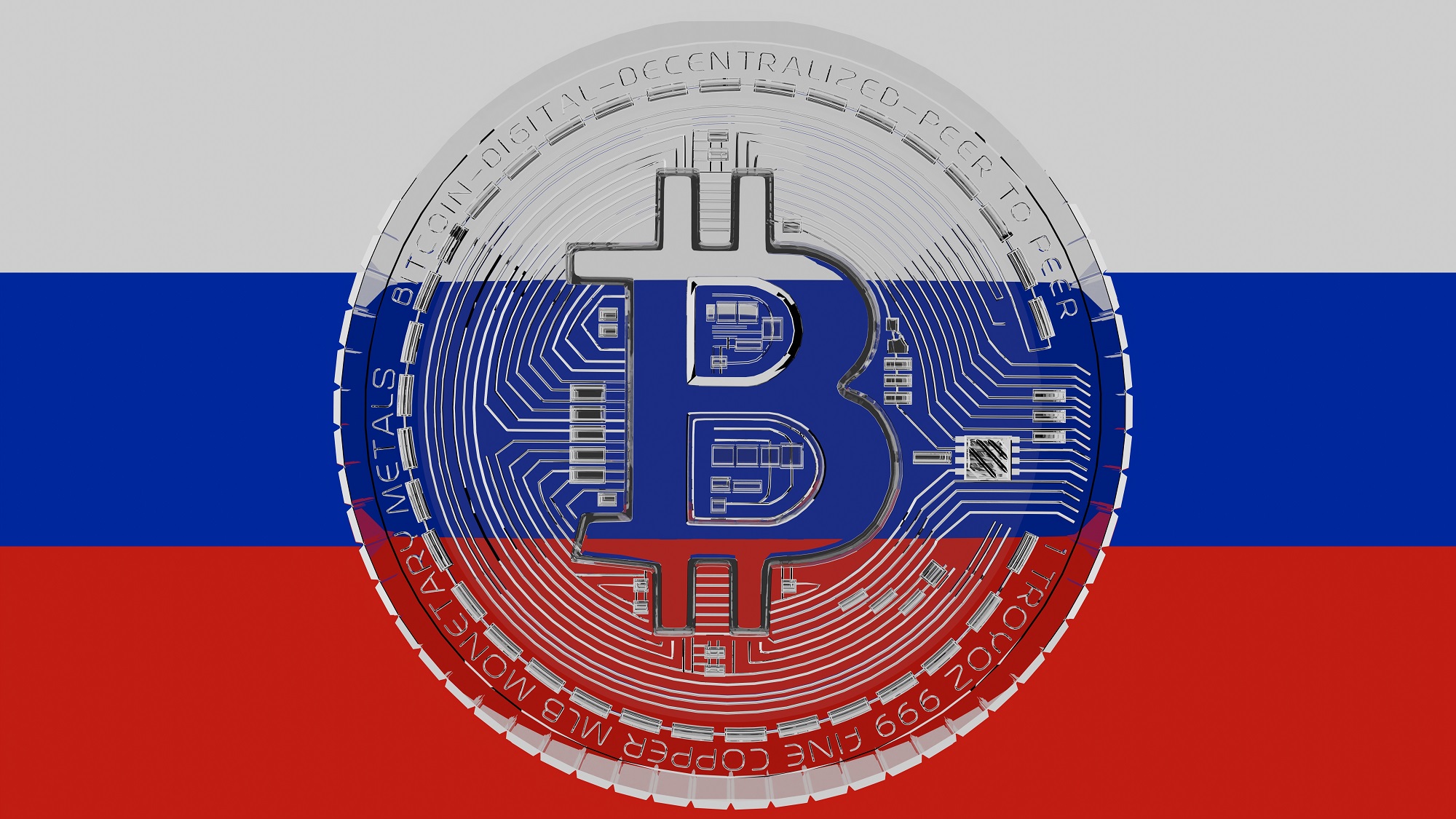 Rusya bayrağının önünde, ortada Bitcoin logosu bulunan şeffaf bir jeton.