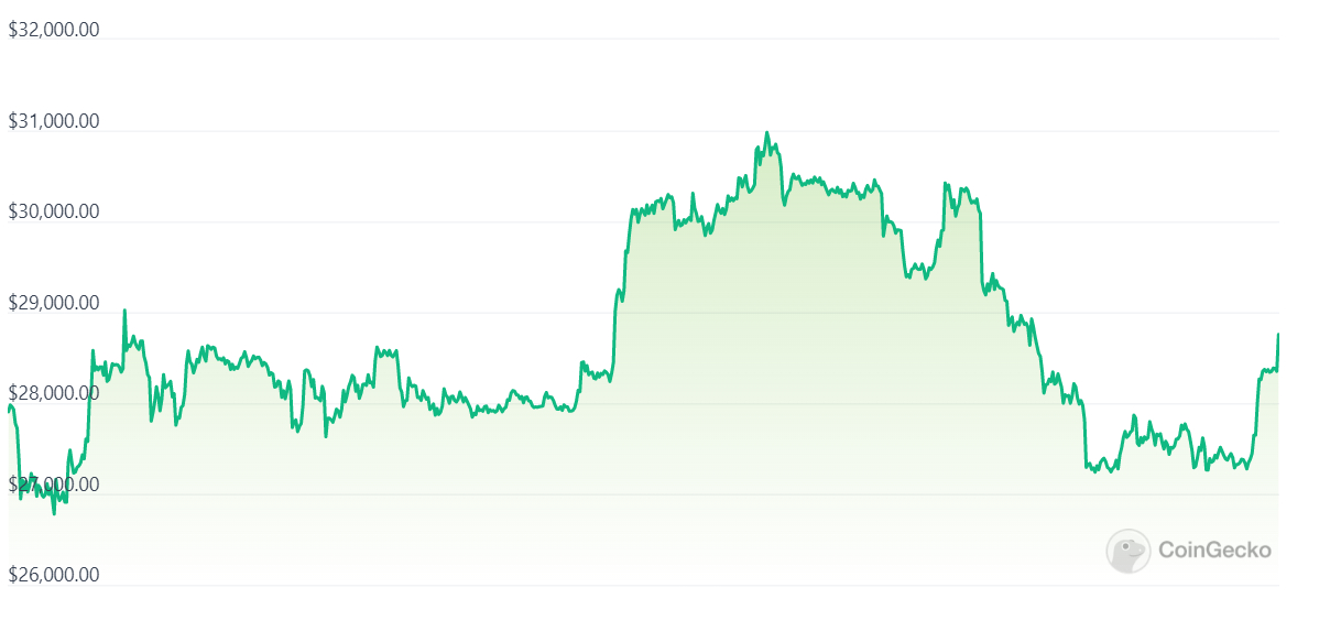 Geçen ay boyunca USD karşısında Bitcoin fiyatlarını gösteren bir grafik.