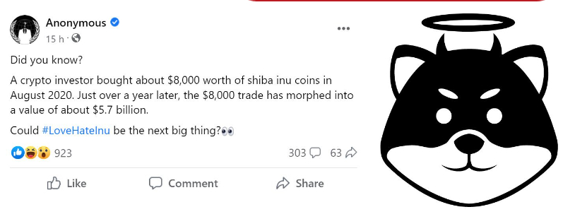 流行的脸书页面 Anonymous 对其 1100 万追随者暗示 Love Hate Inu 是现在最值得购买的加密货币，并且可能是下一个柴犬币
