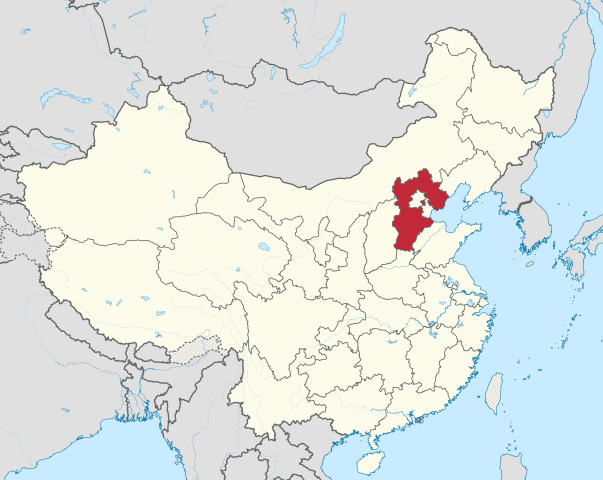 A map of China with Hebei Province shaded in red.