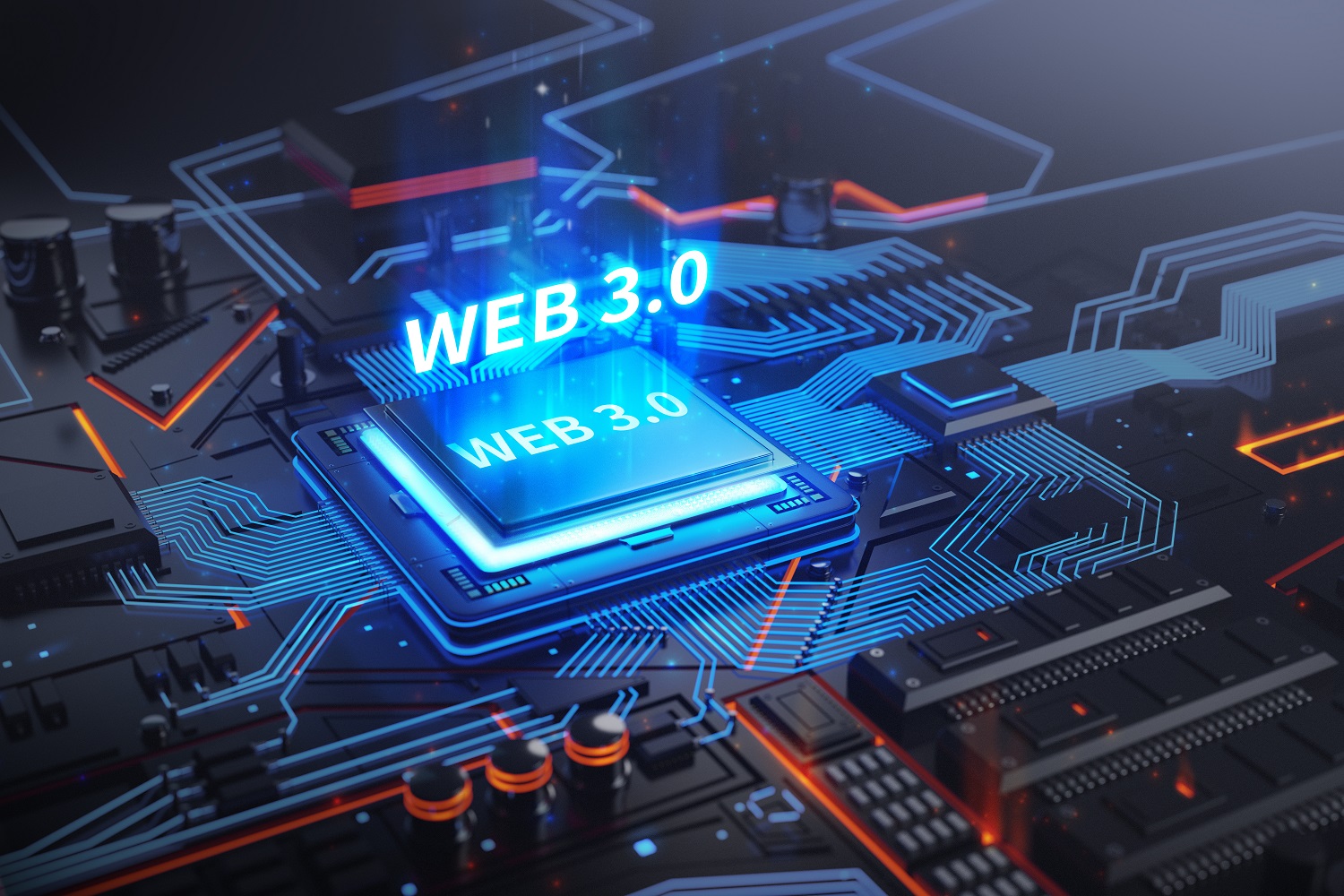 A CPU on a circuit board, with the text “Web 3.0” placed above it.