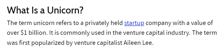 A screenshot of the Investopedia.com definition of the financial term “unicorn.”