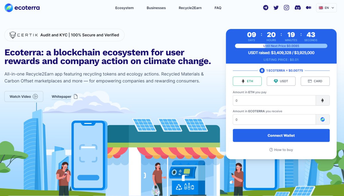 Green Recycle-2-Earn Crypto Project پیش فروش Ecoterra در آتش، نزدیک به 3.5 میلیون دلار با رویکرد افزایش 10 درصدی قیمت