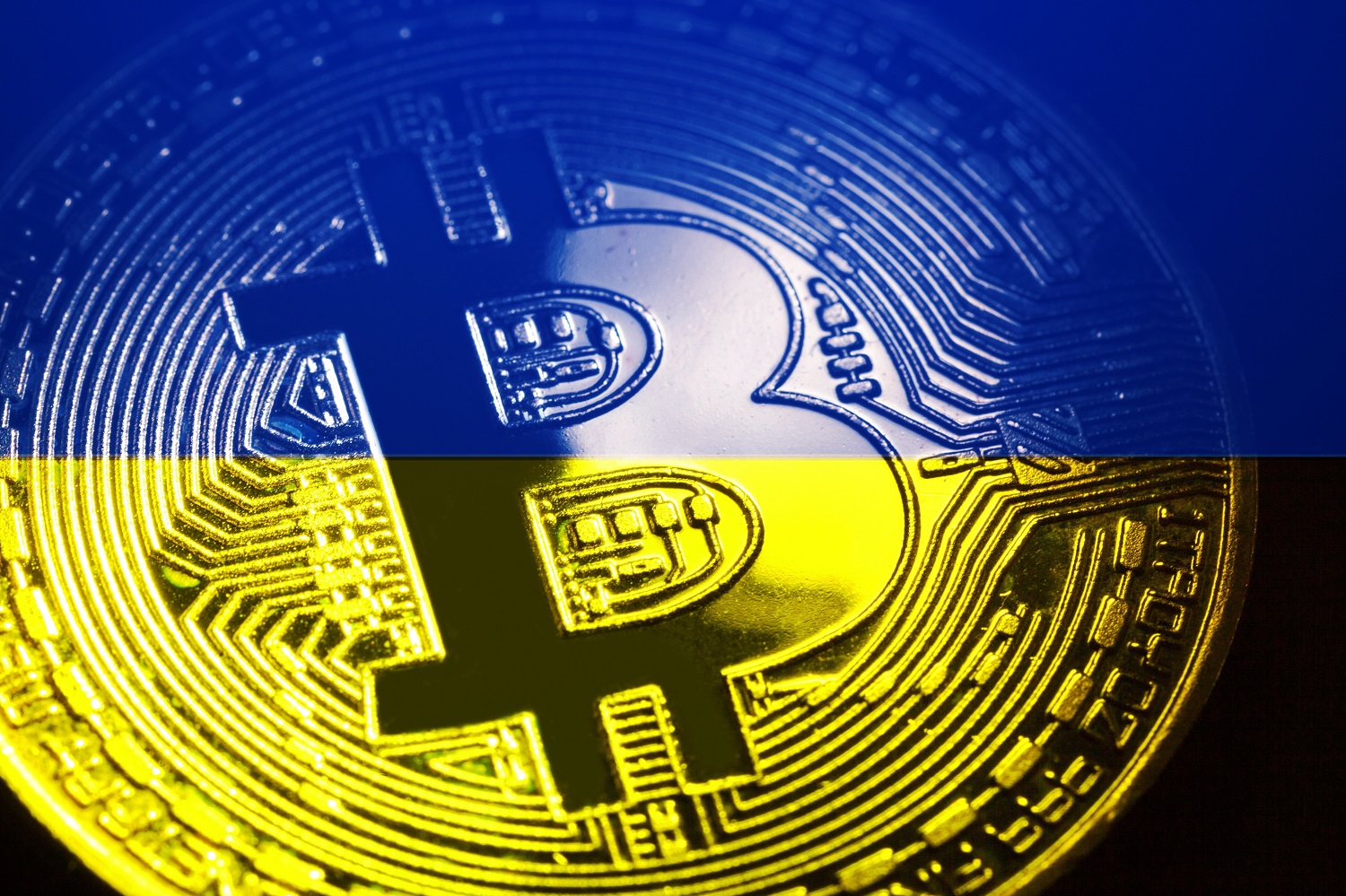 A token intended to represent Bitcoin decorated in the colors of the Ukrainian flag.