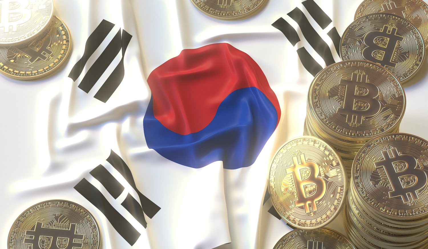 Piles of metal tokens intended to represent Bitcoin on a South Korean flag.