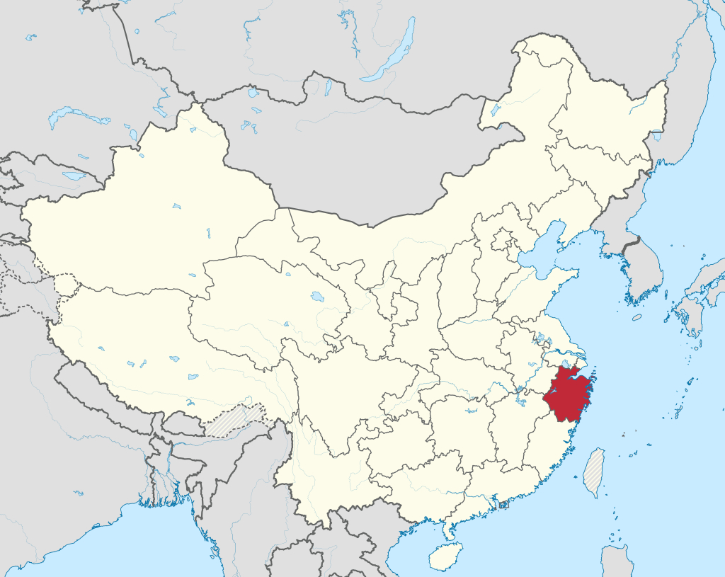 A map of China with Zhejiang Province shaded in red.