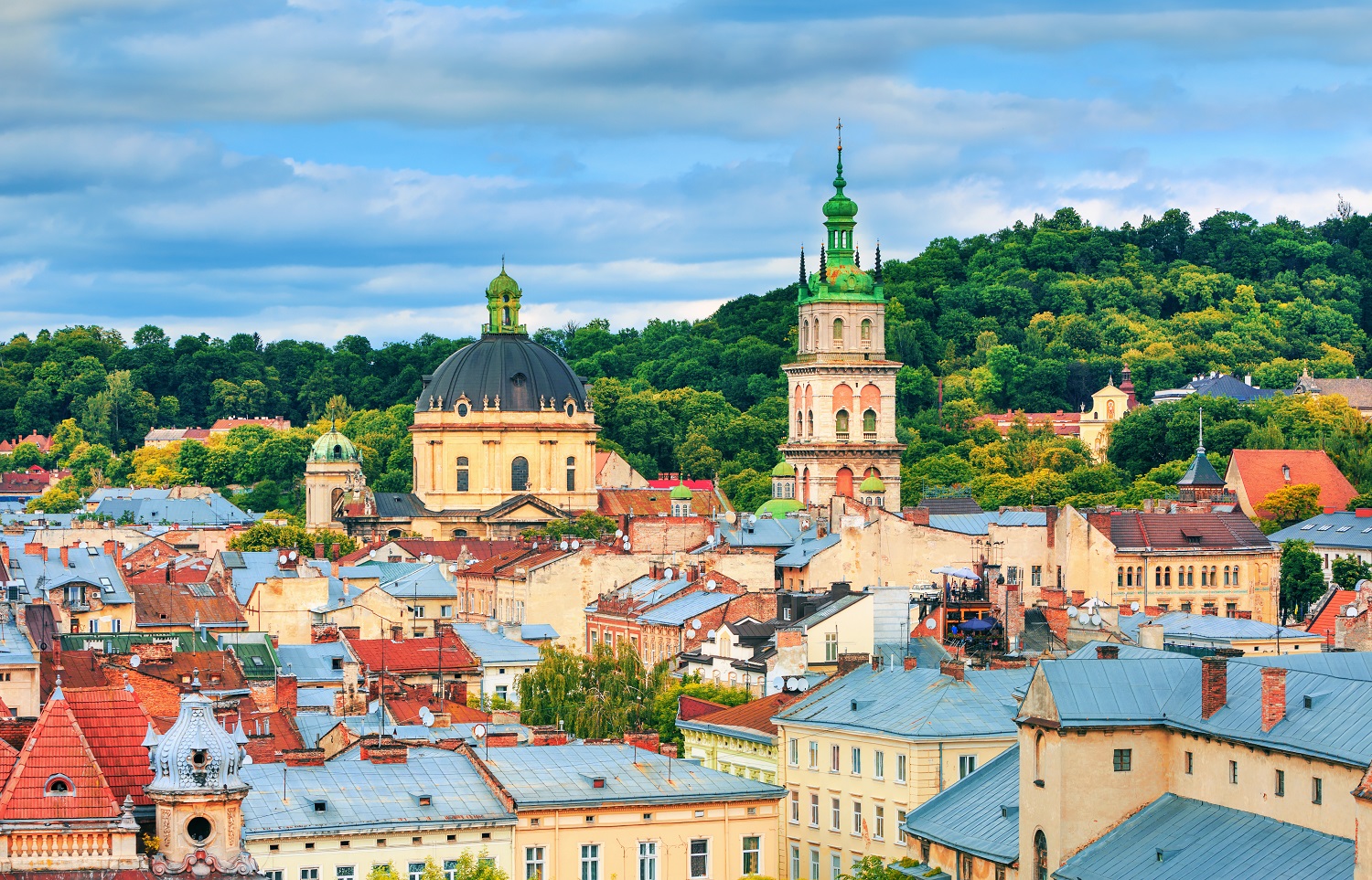 The skyline of Lviv, Ukraine.