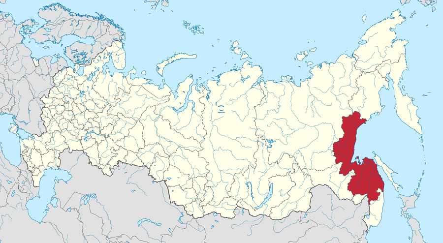 Rusya'nın Uzak Doğusundaki Habarovsk Krayı ile kırmızı gölgeli bir Rusya haritası.