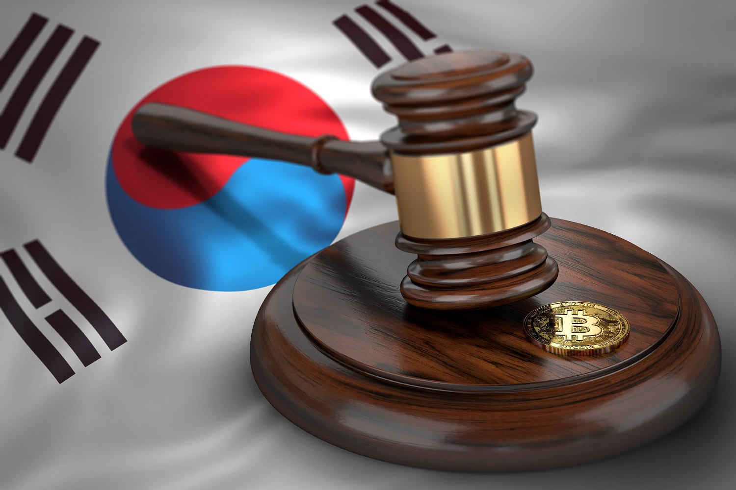 MỘT token nhằm đại diện cho Bitcoin và búa của thẩm phán trên nền cờ của Hàn Quốc.