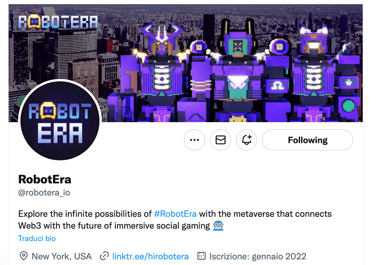 pagina Twitter di RobotEra le pi&amp;amp;amp;amp;amp;amp;amp;ugrave; futuribile delle crypto metaverso