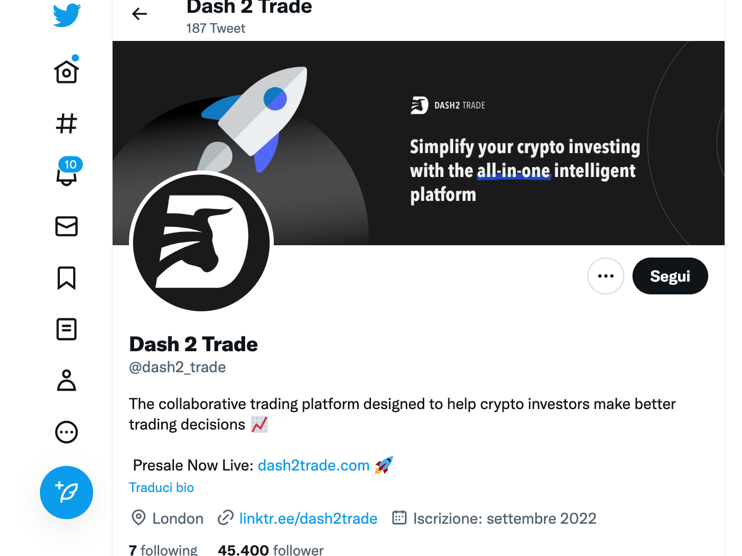 Pagina Twitter Dash 2 Trade, meme coin di segnali crypto